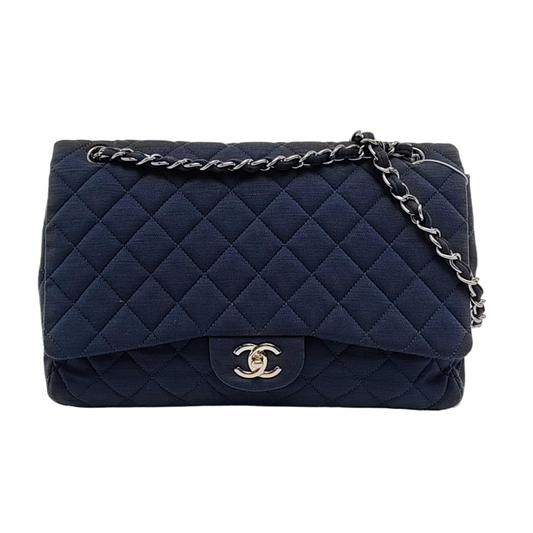 CHANEL CLASSIC FLAP Maxi Super Large Size Blue Fabric Quilted Jumbo Crossbody Shoulder Bag with 13 Clasp-(SKU)-957618087