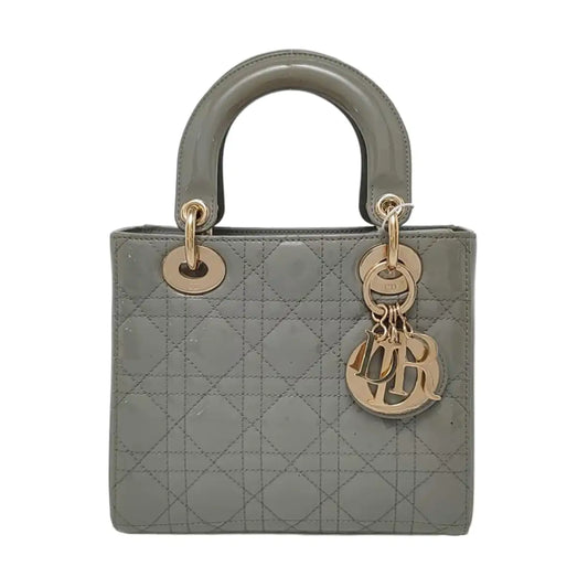 DIOR Lady Dior Small Blue Gray Patent Leather Quilted Grained Four Compartment Shoulder Bag Crossbody Bag Tote Bag Gold Hardware Removable Strap-(SKU)-957468214