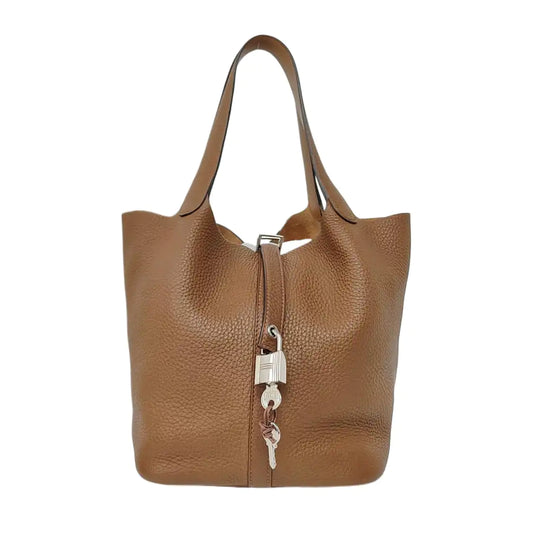 HERMÈS Picotin Lock 22 Honey Brown Clemence Leather Market Basket Tote Bag with Silver Hardware Z-(SKU)-957478904