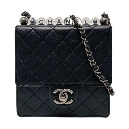 CHANEL CLASSIC VERTICAL PEARL Small Size Black Lamb Skin Quilted Crossbody Shoulder Bag Silver Hardware 29 Clasp-(SKU)-957700212