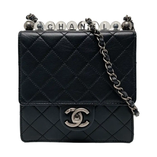 CHANEL CLASSIC VERTICAL PEARL Small Size Black Lamb Skin Quilted Crossbody Shoulder Bag Silver Hardware 29 Clasp-(SKU)-957700212