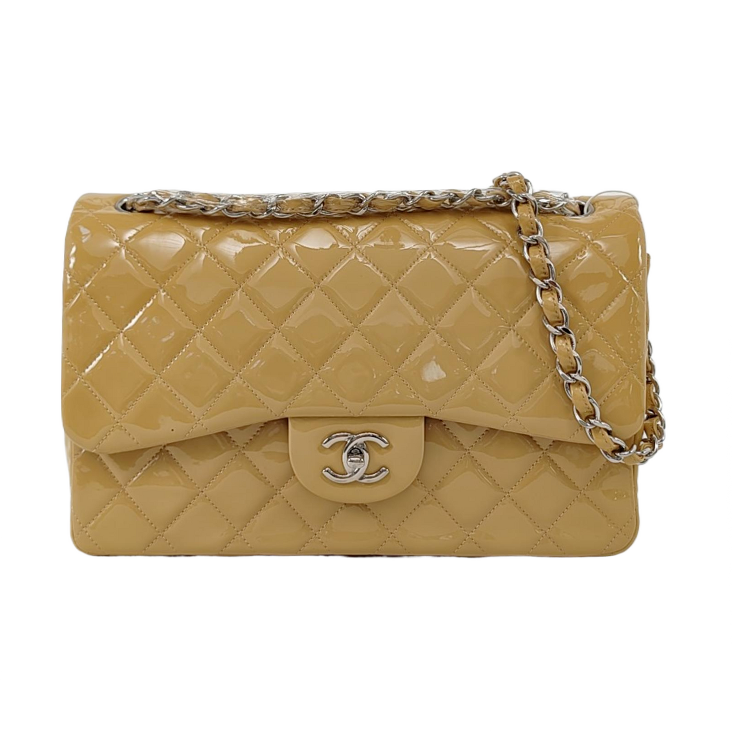 CHANEL CLASSIC FLAP Large Beige Patent Leather Quilted Diamond Pattern Shoulder Bag Handbag Crossbody Bag Silver Hardware 18 Clasp-(SKU)-947914762