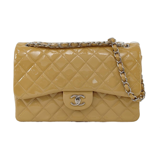 CHANEL CLASSIC FLAP Large Beige Patent Leather Quilted Diamond Pattern Shoulder Bag Handbag Crossbody Bag Silver Hardware 18 Clasp-(SKU)-947914762