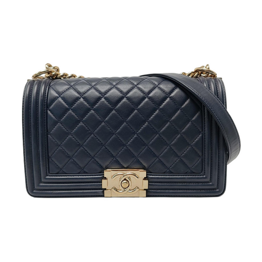 CHANEL BOY CHANEL Medium Deep Blue Leather Grained Crossbody Bag Single Shoulder Bag with Gold Hardware 25 opening Removable Strap-(SKU)-957834137