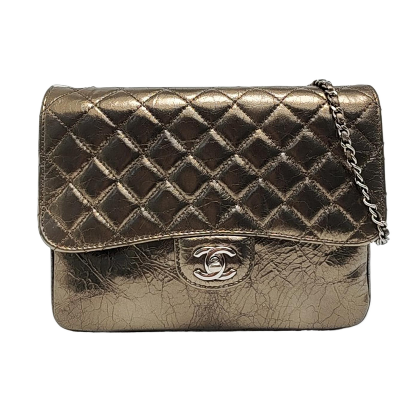 CHANEL CLASSIC FLAP Medium Champagne Calfskin Quilted Shoulder Bag with Silver Hardware-(SKU)-958254208