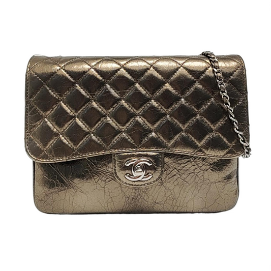 CHANEL CLASSIC FLAP Medium Champagne Calfskin Quilted Shoulder Bag with Silver Hardware-(SKU)-958254208
