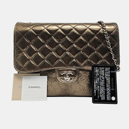 CHANEL CLASSIC FLAP Medium Champagne Calfskin Quilted Shoulder Bag with Silver Hardware-(SKU)-958254208