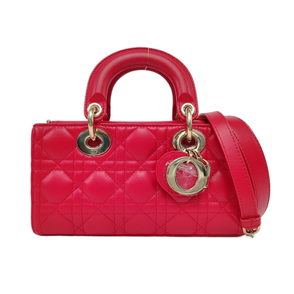 DIOR Lady D-Joy Small Red Lamb Skin Quilted Cannage Five-Panel Shoulder Bag with Detachable Strap, Gold Hardware-(SKU)-958281781
