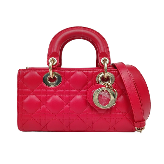 DIOR Lady D-Joy Small Red Lamb Skin Quilted Cannage Five-Panel Shoulder Bag with Detachable Strap, Gold Hardware-(SKU)-958281781