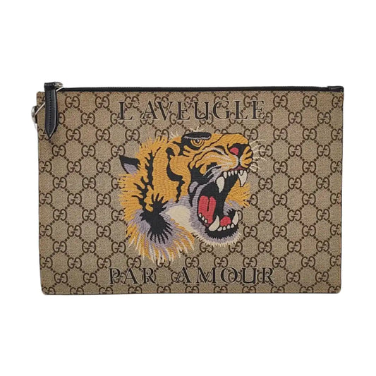 GUCCI GG Supreme Brown Coated Canvas Monogram Printed Clutch Silver Hardware-(SKU)-958361759