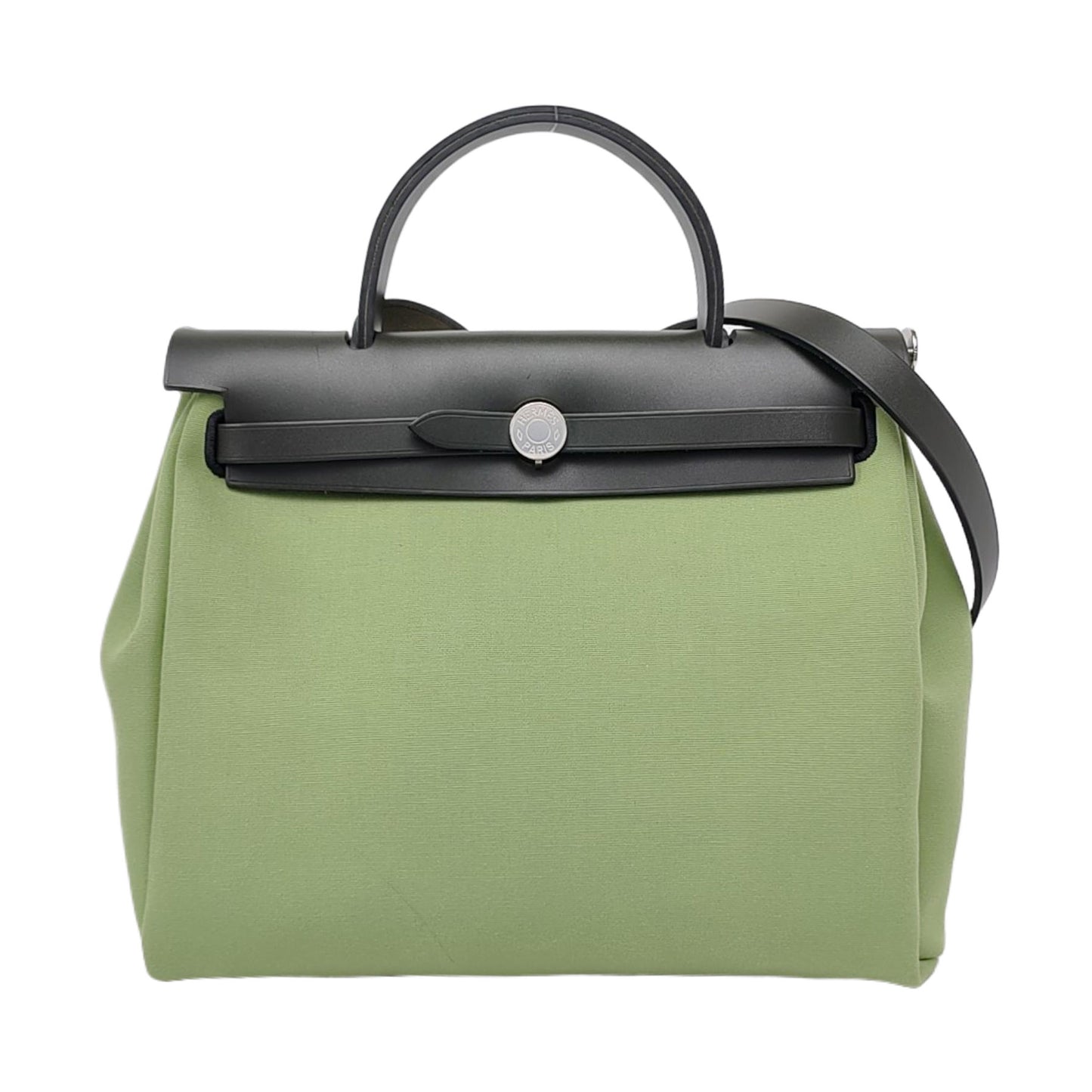 HERMÈS Herbag 31 Avocado Green Canvas Single Shoulder Bag Tote Crossbody with Silver Hardware Y Stamp Removable Shoulder Strap-(SKU)-958629290