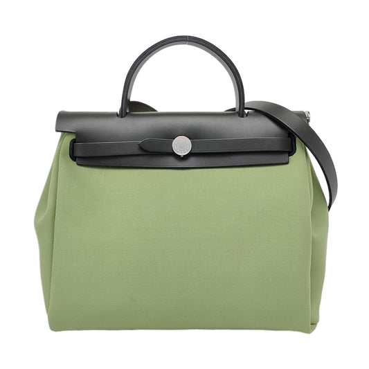 HERMÈS Herbag 31 Avocado Green Canvas Single Shoulder Bag Tote Crossbody with Silver Hardware Y Stamp Removable Shoulder Strap-(SKU)-958629290