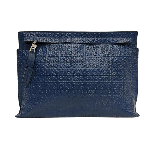 LOEWE T Pouch  Blue Calfskin Monogrammed Handbag Golden hardware-(SKU)-957656312