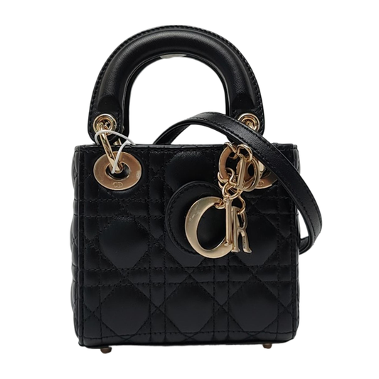 DIOR Lady Dior Super Mini Black Lamb Skin Cannage Embossed Bag Crossbody Shoulder Bag Tote Bag Gold Hardware Removable Strap-(SKU)-958513420