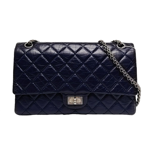 CHANEL 2.55 Large Deep Blue Vintage Calfskin Quilted Chevron Single Shoulder Bag with Palladium Hardware-(SKU)-955055136