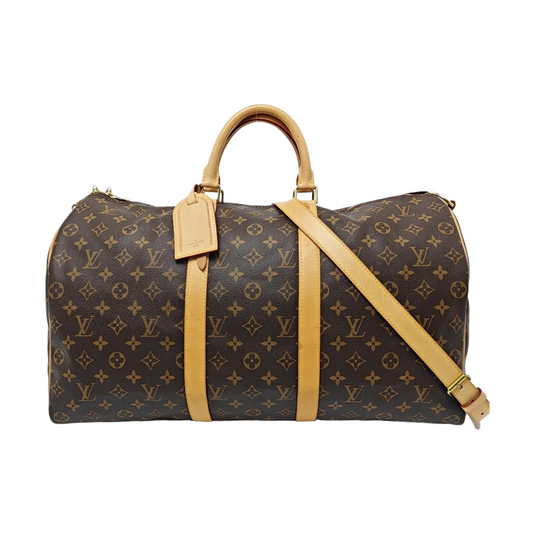 LOUIS VUITTON KEEPALL 50, brown coated canvas monogram Boston bag, shoulder bag, handbag with golden hardware and detachable strap-(SKU)-958409659