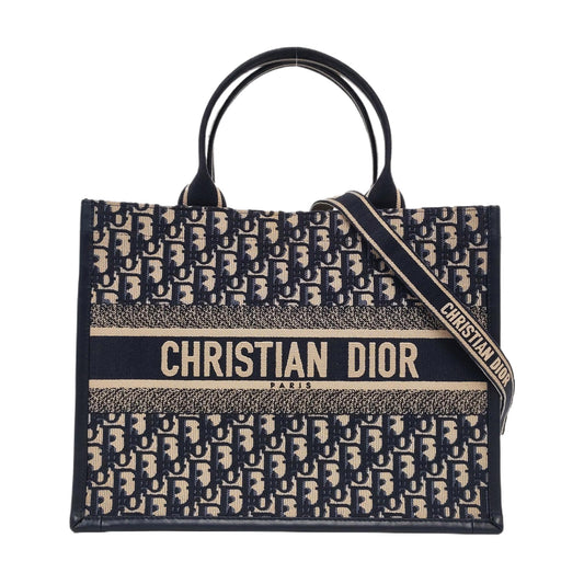 DIOR Book Tote Medium Blue Canvas Monogram Embroidered Shoulder Bag Tote Bag Golden Hardware Removable Strap-(SKU)-958662248