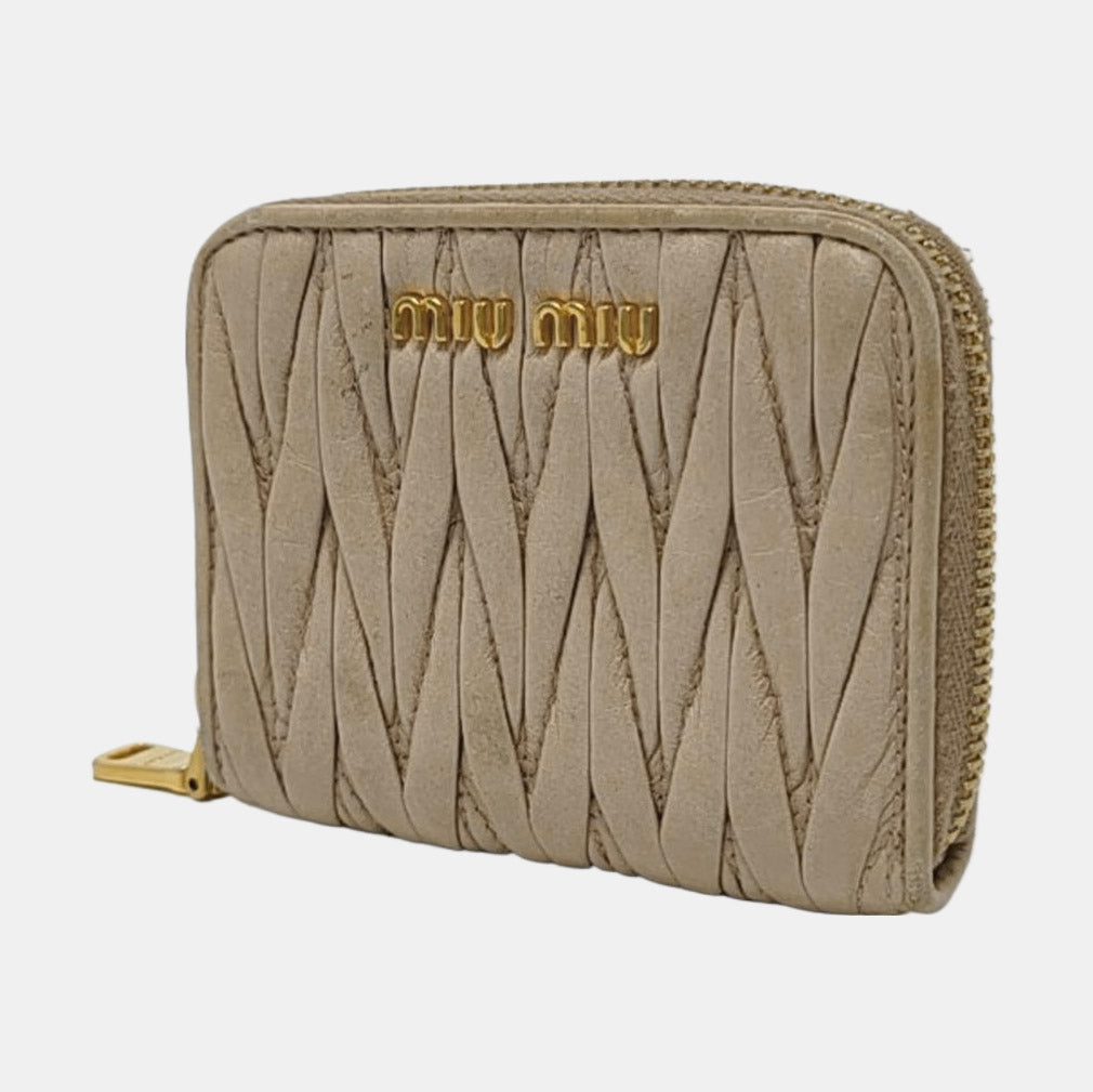 Miu Miu Beige Lamb Leather Quilted Wallet Golden hardware-(SKU)-958622078