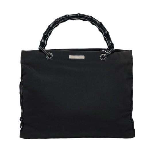 GUCCI Bamboo 1947 Black Fabric Bamboo Handle Bag Handbag Silver Hardware-(SKU)-958886025