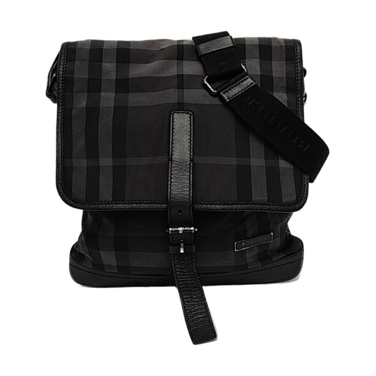 BURBERRY Dark Gray Nylon Battle Horse Plaid Single Shoulder Bag Crossbody Bag Ruthenium color hardware-(SKU)-958749400