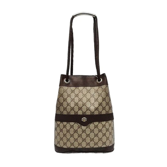 GUCCI Bucket bag Khaki Coated Canvas Monogrammed Single Shoulder Bag Golden Silver Hardware-(SKU)-958759769