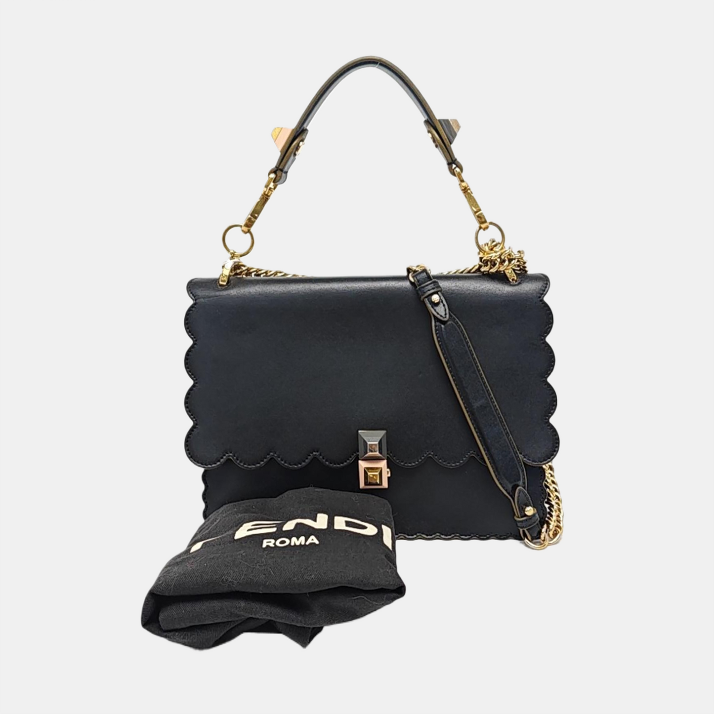 FENDI Kan I Medium size Black Cowhide Single Shoulder Bag Sling Bag Tote Golden hardware shoulder straps-(SKU)-959000092