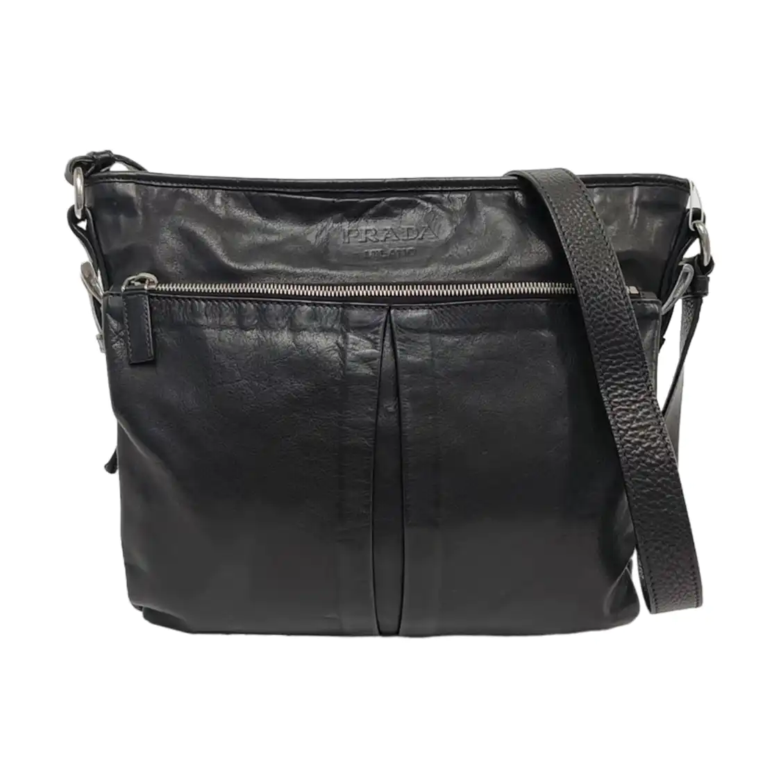 PRADA Black Leather Crossbody Bag Single Shoulder Bag Silver Hardware-(SKU)-959224503