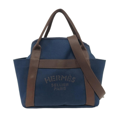 HERMÈS Sac De Pansage 38 Deep Blue Canvas Crossbody Shoulder Bag Tote Bag Silver Hardware D Engraving Removable Shoulder Strap-(SKU)-959089355