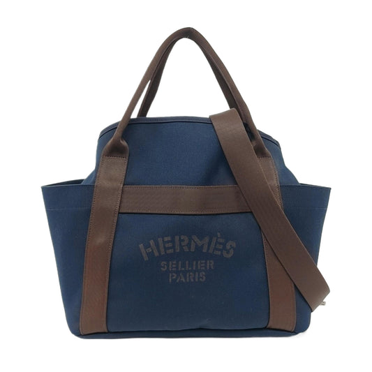 HERMÈS Sac De Pansage 38 Deep Blue Canvas Crossbody Shoulder Bag Tote Bag Silver Hardware D Engraving Removable Shoulder Strap-(SKU)-959089355