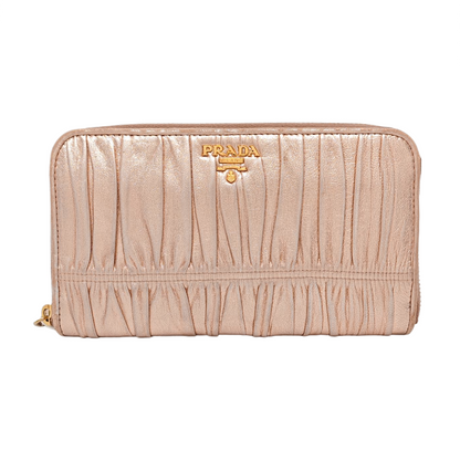PRADA Rose Gold Sheepskin Quilted Wallet Golden hardware-(SKU)-959285692