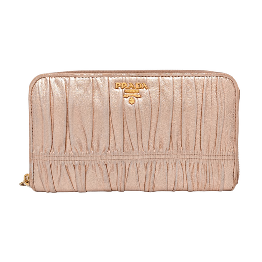 PRADA Rose Gold Sheepskin Quilted Wallet Golden hardware-(SKU)-959285692