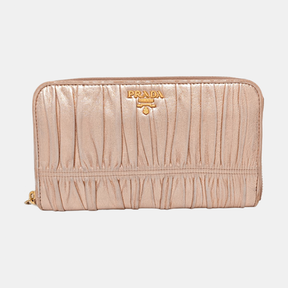PRADA Rose Gold Sheepskin Quilted Wallet Golden hardware-(SKU)-959285692