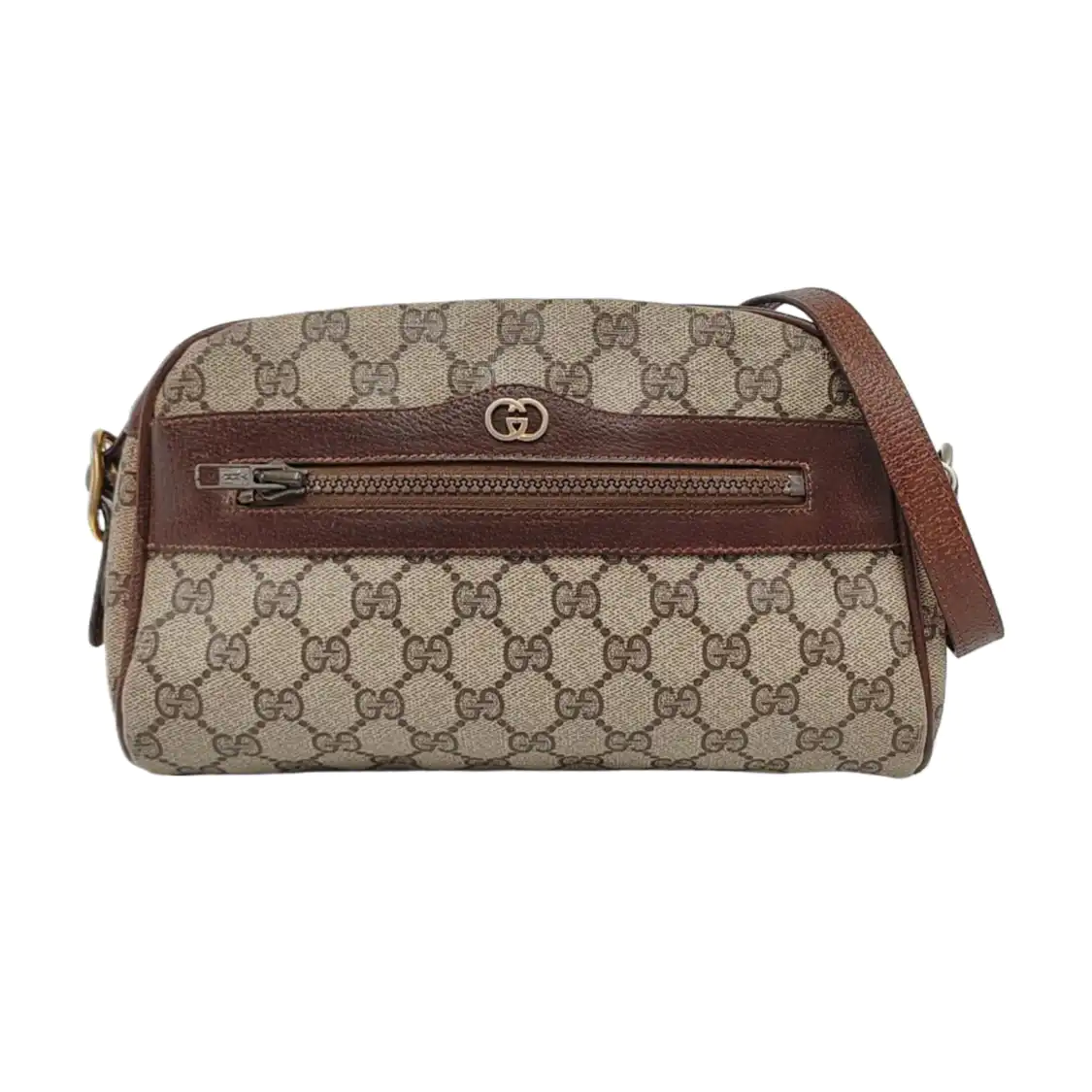 GUCCI Sherry Khaki Coated Canvas Monogram Flower Shoulder Bag Crossbody Silver Ruthenium Hardware Removable shoulder strap-(SKU)-959364855