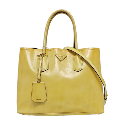 PRADA Double Yellow cowhide logo cross-grain shoulder bag Golden hardware Removable shoulder strap-(SKU)-945527362