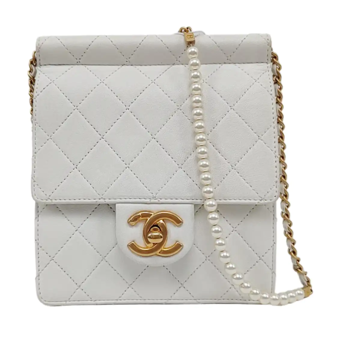 CHANEL CHIC PEARLS FLAP White Lamb Skin Quilted Single Shoulder Bag with Gold Hardware, 27 Clasp, Complete Accessories-(SKU)-959333982