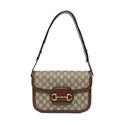 GUCCI Horsebit 1955 Small Size Beige Coated Canvas Monogram Horsebit Saddle Bag Crossbody Bag Shoulder Bag Gold Hardware-(SKU)-958962593