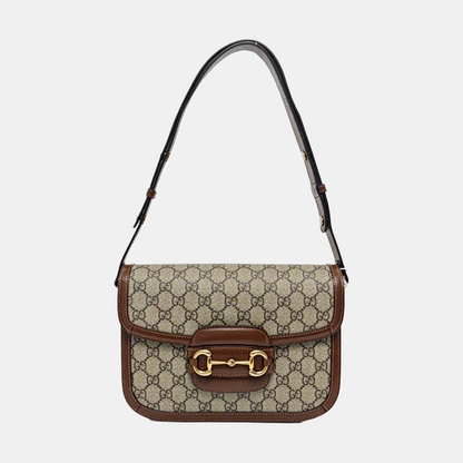 GUCCI Horsebit 1955 Small Size Beige Coated Canvas Monogram Horsebit Saddle Bag Crossbody Bag Shoulder Bag Gold Hardware-(SKU)-958962593