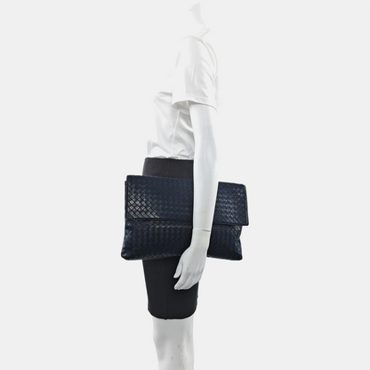 BOTTEGA VENETA Navy Blue Cowhide Leather Woven Handbag Ruthenium color hardware-(SKU)-959306334