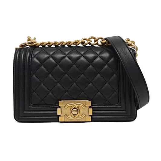CHANEL BOY CHANEL Small Size Black Calfskin Diamond Quilted Crossbody Bag with Gold Hardware 24 Compartments Removable Shoulder Strap-(SKU)-959624300