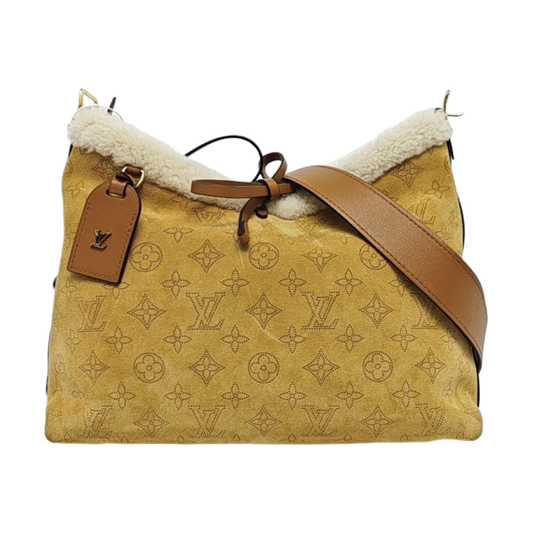 LOUIS VUITTON CARRYALL Small Khaki Suede Coated Canvas Monogram Single Shoulder Bag Tote Bag Golden Hardware Removable Shoulder Strap Accessories Included-(SKU)-959452825