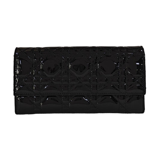 DIOR Lady Dior Black patent leather cannage quilted wallet Silver Hardware-(SKU)-959523317