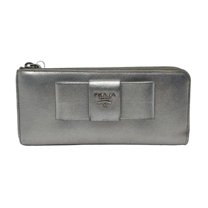 PRADA Silver Cowhide Crosshatch Pattern Wallet Silver Hardware-(SKU)-959593939