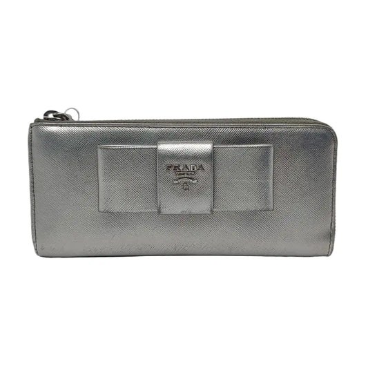 PRADA Silver Cowhide Crosshatch Pattern Wallet Silver Hardware-(SKU)-959593939