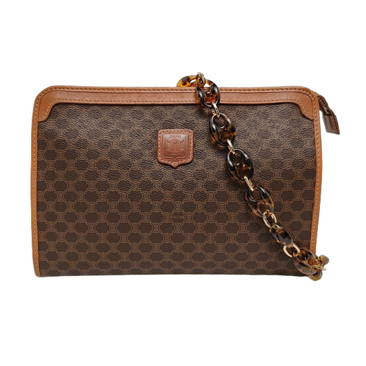 CELINE MACADAM CLUTCHES Brown Coated Canvas Triumph Single Shoulder Bag Handbag Golden hardware-(SKU)-959775760