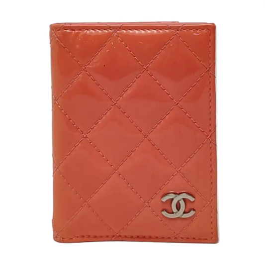 CHANEL Tangerine-Pink Patent Leather Diamond Quilted Card Holder Silver Hardware 21nan-(SKU)-959930843