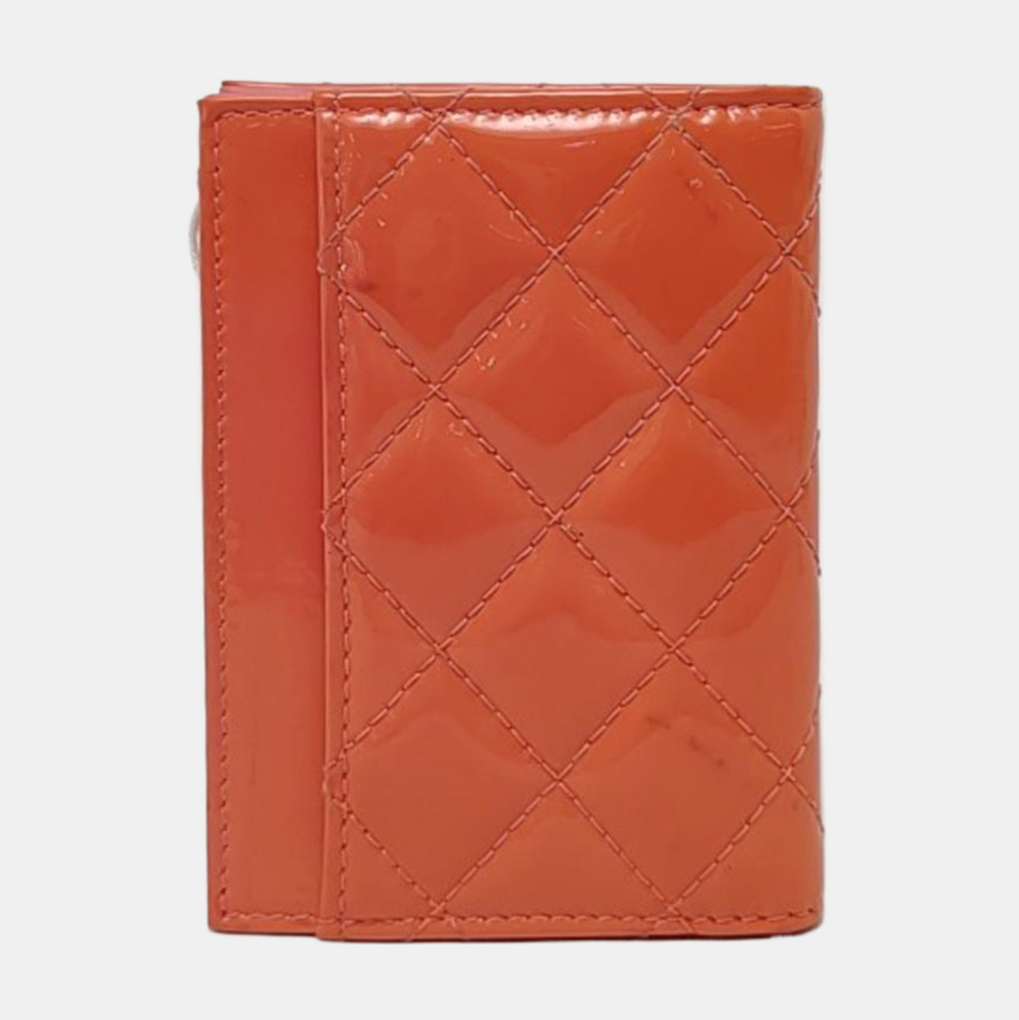 CHANEL Tangerine-Pink Patent Leather Diamond Quilted Card Holder Silver Hardware 21nan-(SKU)-959930843