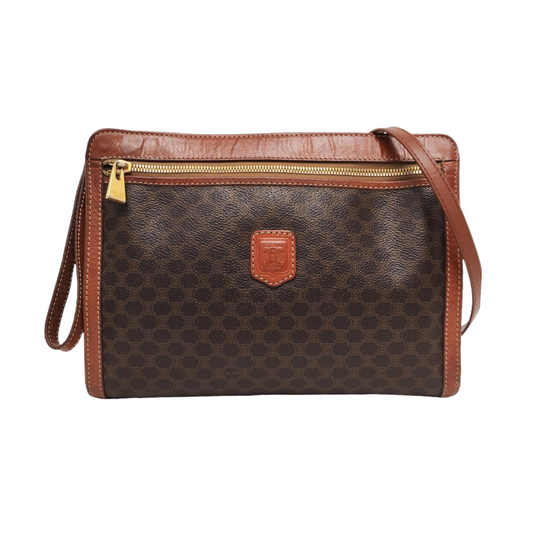 CELINE MACADAM CLUTCHES Dark Brown Coated Canvas Triumph Handbag Tote Bag Golden hardware-(SKU)-959810652