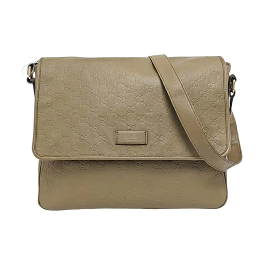 GUCCI Khaki Cowhide Monogrammed Stamped Crossbody Bag Golden hardware-(SKU)-960073647