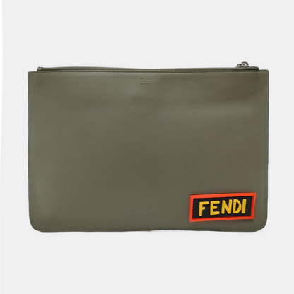 FENDI Olive Green Cowhide Patchwork Relief Crossbody Handbag Clutch Silver Hardware-(SKU)-960221238