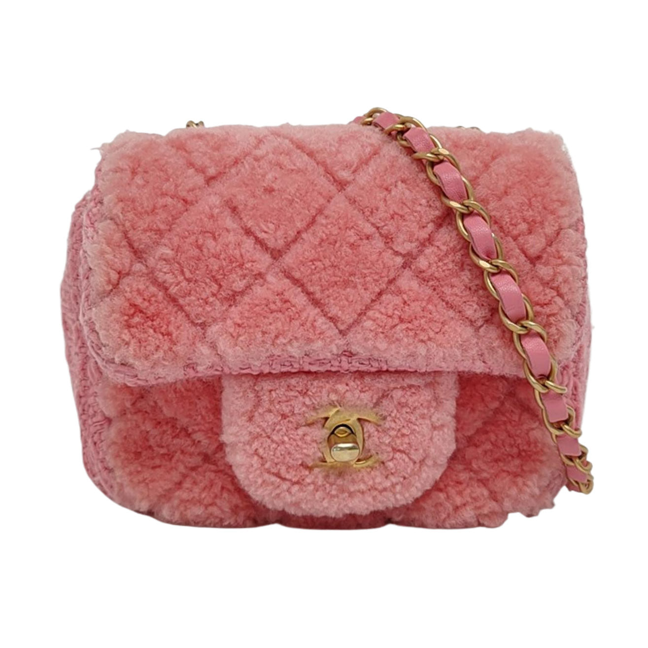 CHANEL CLASSIC FLAP Mini Pink Wool Grained Quilted Flap Bag Crossbody Shoulder Bag with Gold Hardware and 30 Opening-(SKU)-960500213